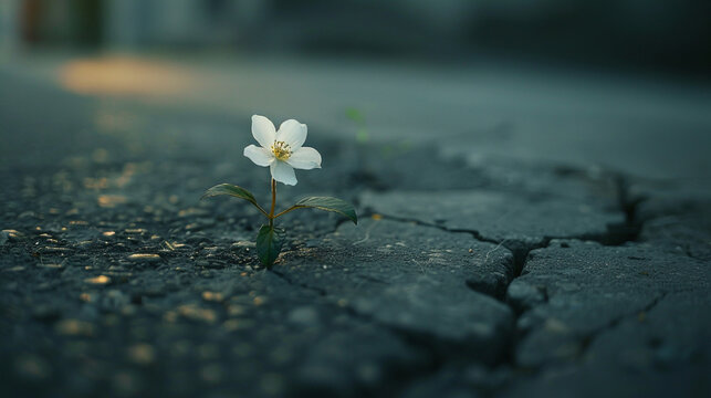 white flower grows between the crack of a concrete street