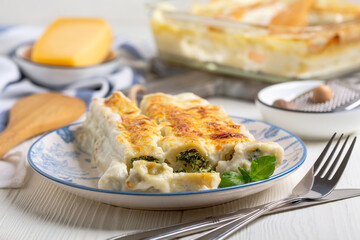 Cannelloni with ricotta and spinach close-up.