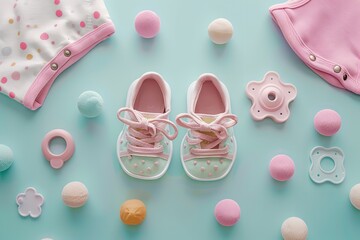 Baby shoes with bib and teether against pastel backdrop. Generative Ai