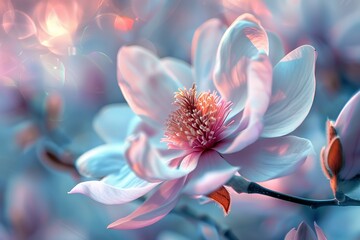 Closeup of lovely, magical magnolia flowers. Generative Ai