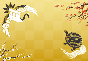 鶴と亀の背景イラスト素材 ベクター 市松模様 敬老の日 年賀 金背景 和柄 梅の木