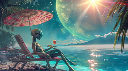 Extraterrestrial beings relaxing on a sun lounger under a beach umbrella with a cocktail