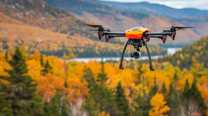 Compact orange drone flying over an autumn forest, copy space available on the left.