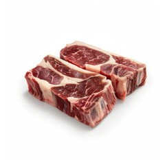 Obraz premium Two acorn-fed Iberico pork cuts displayed on a clean white surface