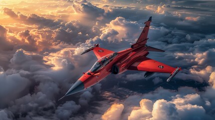Fiery red fighter jet soaring above stormy clouds, left side reserved for copy space.