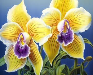 Two yellow and white orchids with purple centers are in full bloom against a dark blue background