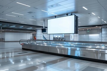 An airport arrival zone with a baggage claim area conveyor belt and advertising billboard on a chrome surface with a TV above