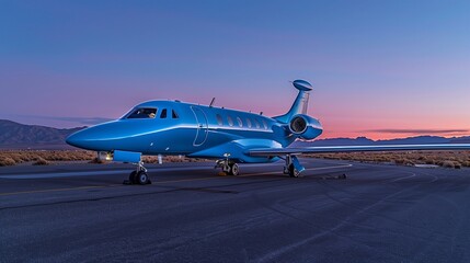 Icy blue private jet parked on a remote airstrip at twilight, copy space for text on left.