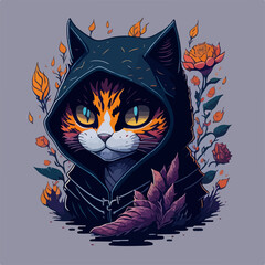 A fierce kitten assassin lurks in a lush spring garden, deadly and agile amidst the blooming flora.