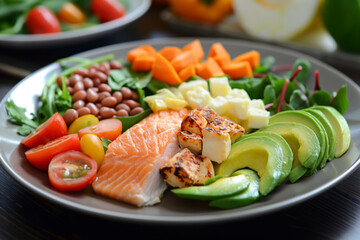 Delicious and nutritious balanced meal plate with fresh and organic salmon. Avocado. Beans. And colorful vegetables for healthy eating. Weight management