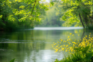 Serene nature scene depicting a calm lake surrounded by lush greenery and vibrant yellow flowers - Powered by Adobe