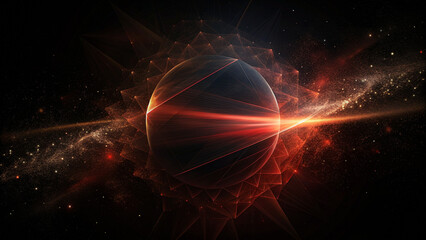 Fototapeta premium Geometric Crystal Structure in Cosmic Space: Digital Artwork of Illuminated Polyhedron with Light Beams, Shadows, and Highlights on Dark Background.