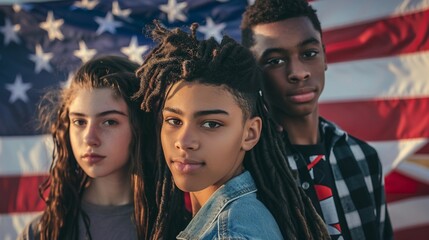 Diverse American youth in front of the flag