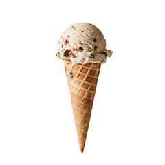 Realistic Ice Cream Cone on Transparent Background - Delicious Vanilla Ice Cream with Chocolate Chips and Strawberry Pieces in a Waffle Cone