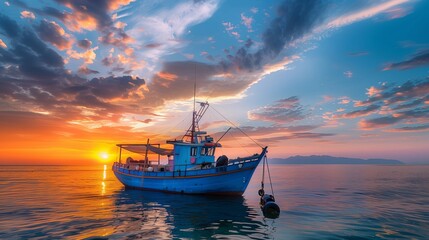 Naklejka premium Ocean blue fishing boat at sea during a vibrant sunrise, ample copy space on the left.