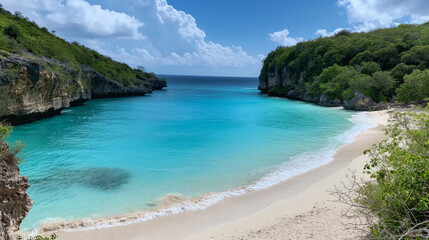 Fototapeta premium Tranquil and serene secluded beach cove paradise with turquoise water. Lush greenery. And pristine sandy beach