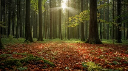 Tranquil scene of sunbeams piercing the canopy over a forest glade covered with fallen leaves