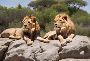 Lions sitting on a rock in the sun