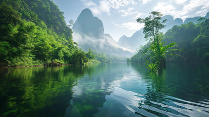 Tranquil view of a serene lake reflecting the surrounding lush greenery and majestic mountains under a hazy sky