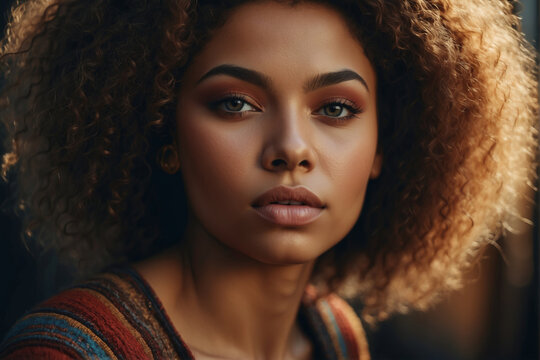 Portrait of a beautiful brunette with lush curly hair