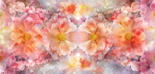 Abstract background, watercolor paintings of spring flowers in an elegant and symmetrical pattern 