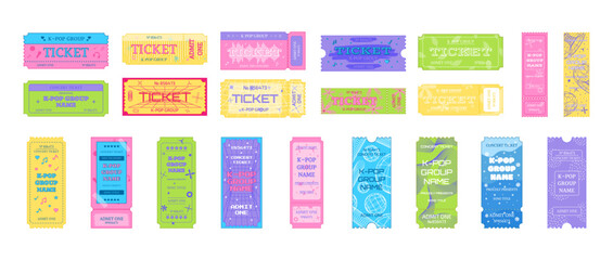 Big set of tickets for a music concert of a K-pop group. Vector illustration isolated on white background