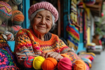Fototapeta premium A woman in a colorful sweater sits on a bench with a ball of yarn in her lap