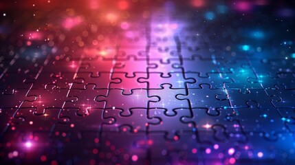 Colorful puzzle pieces form a glowing background.