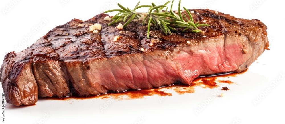 Poster A slice of grilled juicy beef and pork steak placed on a white background with room for other elements in the image. Creative banner. Copyspace image