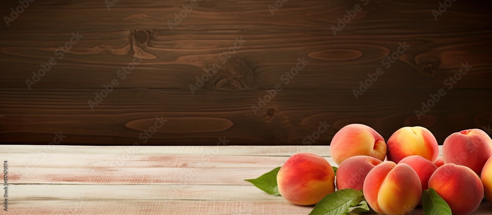 Poster table with fresh flat peaches featuring a banner design and ample copy space for text