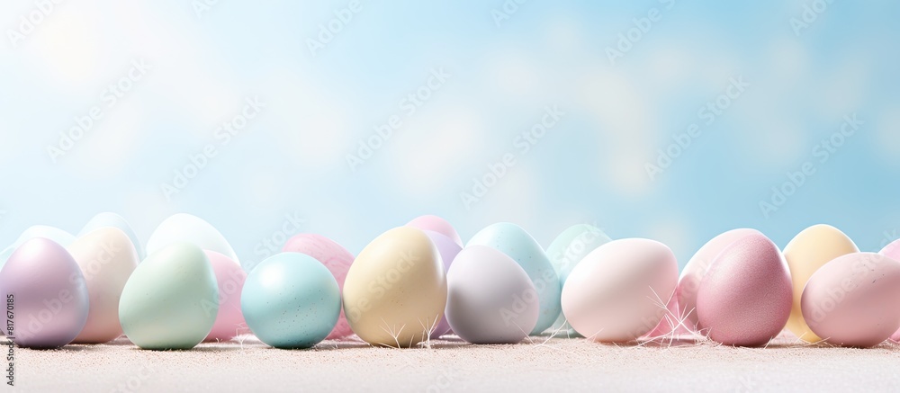 Aufkleber a copy space image featuring pastel colored easter eggs with a blank white label on a holiday themed