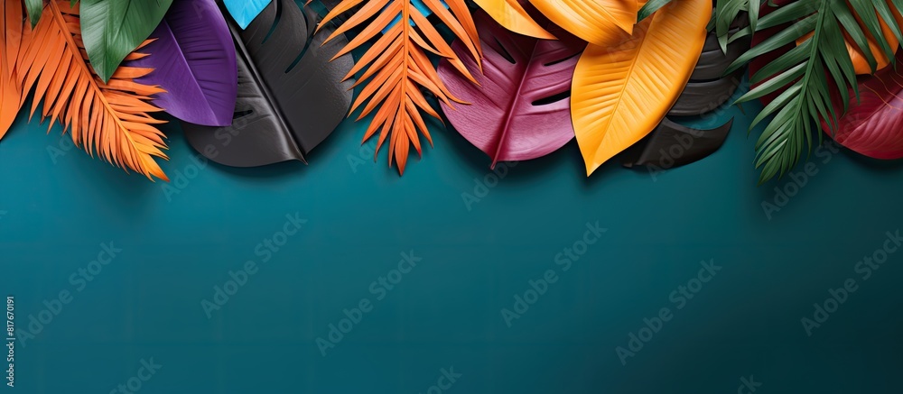 Leinwandbilder colorful background with paper tropical leaves creating a visually appealing copy space image