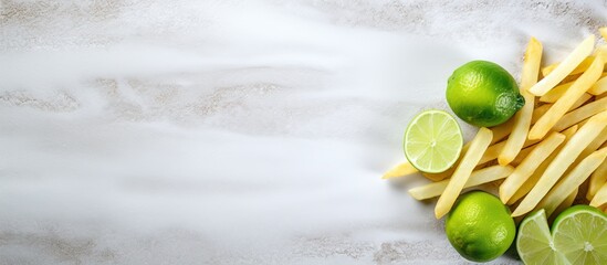 A copy space image featuring a panoramic view of salted French fries and slices of lime arranged on a marble surface