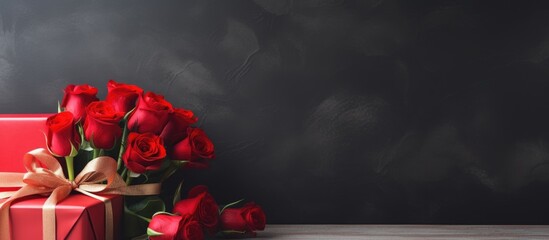 On a stone floor there is a bouquet of roses and a red gift box along with a free space for placing text. Creative banner. Copyspace image