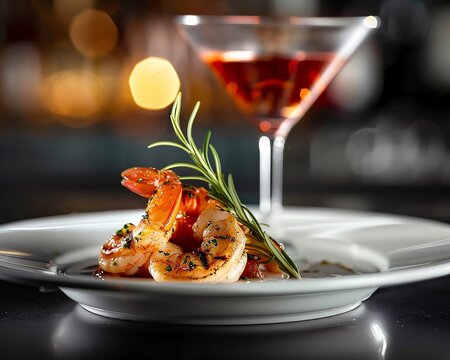 A delicious plate of shrimp with a martini in the background.