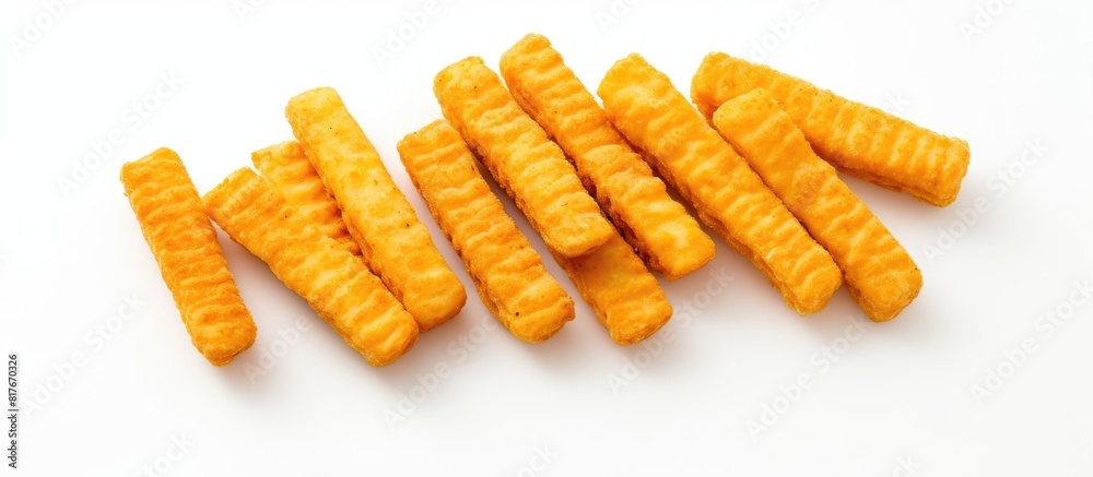 Poster A close up view of crispy cheese stick bites on a white background with copy space for additional images or text