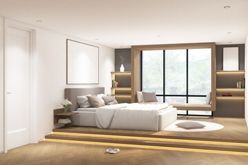 3d render of interior bedroom with window daybed, standing lamp & frame mock up. Tatami wood parquet floor, whitewall and white ceiling. Set 11