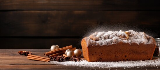 A copy space image of banana bread with powdered sugar on a wooden background - Powered by Adobe