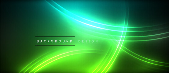 Neon glowing circle rays, light round lines in the dark, planet style neon wave lines. Energetic electric concept design for wallpaper, banner, background