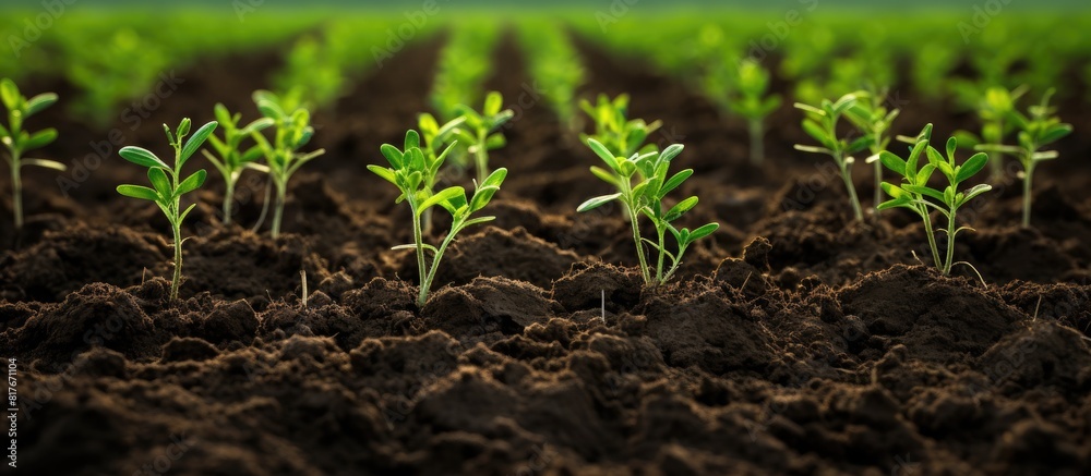 Poster Rows of newly planted crops growing in the soil with plenty of space for copy images