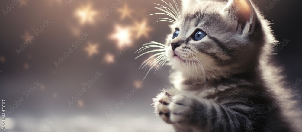 Poster A small gray kitten sitting against a backdrop of twinkling lights gently licks its nose creating a perfect copy space image