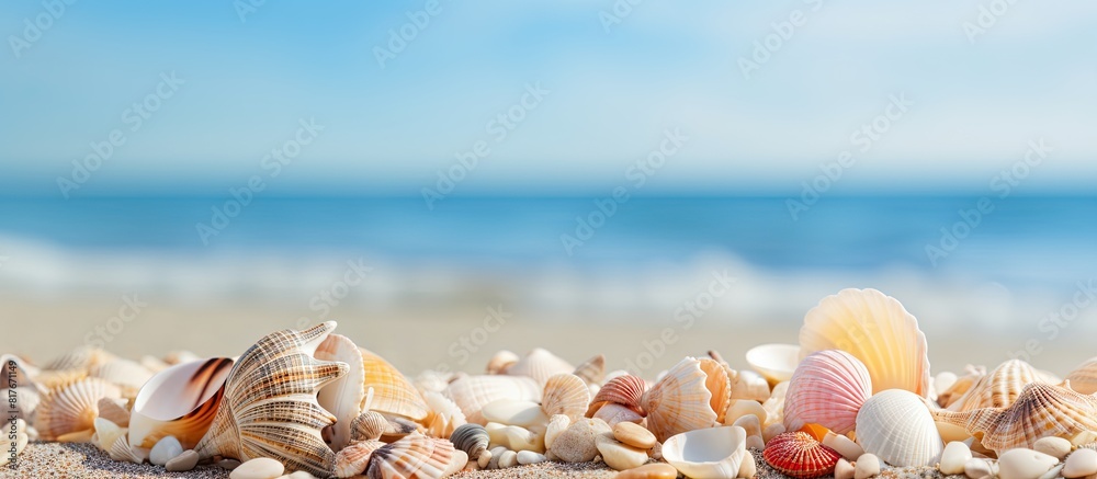 Poster A summer themed image featuring seashells as a background with room for your text. Creative banner. Copyspace image