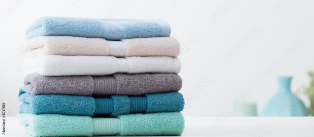 Poster A neatly arranged stack of clean towels for the bathroom is placed on a table with a white background leaving room for text. Creative banner. Copyspace image
