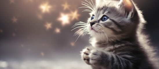 A small gray kitten sitting against a backdrop of twinkling lights gently licks its nose creating a perfect copy space image