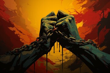 Hands of African man chained, symbolizing freedom on Juneteenth. Creative illustration.