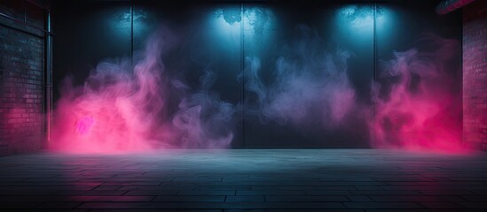 Fototapeta premium Dark room with empty walls neon light smoke and a captivating glow providing an ideal background for a copy space image
