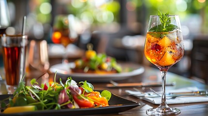 Refreshing summer drinks and delicious food on the table in the restaurant