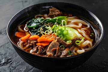 Asian style ramen with beef udon shiitake pak choi and carrots on black backdrop