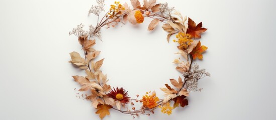 Copy space image of an autumn wreath made of leaves and flowers encircled in a round frame placed on a neutral grey background