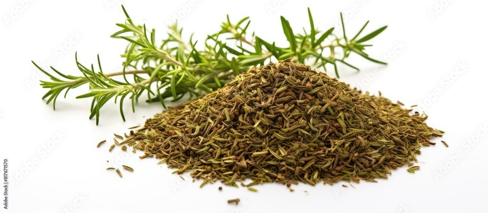 Poster A white background frames a solitary image of fresh thyme spice Ample space is provided for additional text
